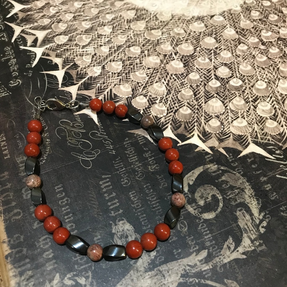 Red & Leopard Skin Jasper  Hematite Bracelet